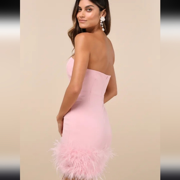 Lulus Ostritch Fabulous Delight Light Pink Strapless Bustier Feather Mini Dress - Picture 3 of 13